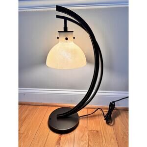 Art Deco 28" Arc Table Lamp Bronze Finish Marble White Moon Glass Shade ~new